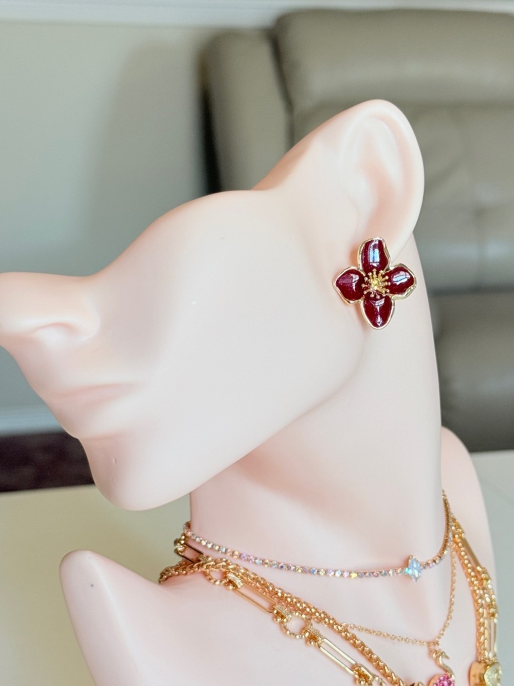 Gold and Burgundy Flower Stud Earrings - Picture 3 of 13